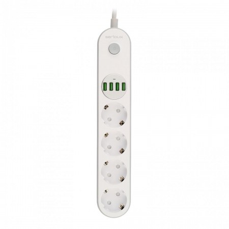 Prelungitor cu protectie Serioux, 4 prize schuko, input 100-240V, 50- 60Hz, output (Total): 2500W - 10A, 4 porturi USB, 4 portur