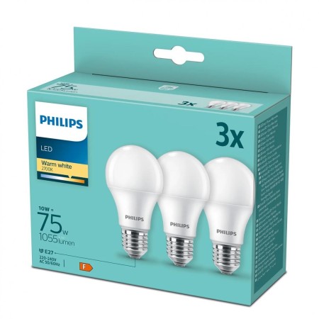 3 Becuri LED Philips A60, E27, 10W (75W), 1055 lm, lumina calda (27...