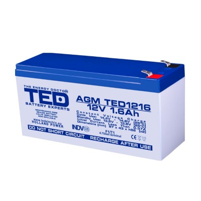 Baterii AGM VRLA BATERIE AGM TED1216F1 12V 1.6Ah TED