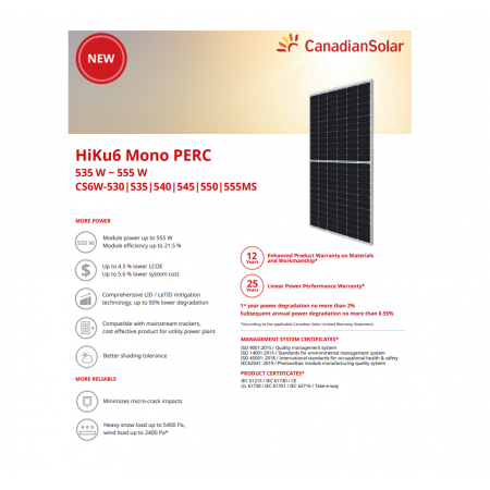 Panou Solar Fotovoltaic Monocristalin HiKu6 Mono PERC CS6W-545MS Silver Frame, max. 1500V, lungime cablu 1400mm, conector T6, 54