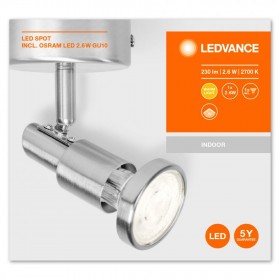 Spot LED Ledvance, GU10, 2.6W, 230 lm, lumina calda (2700K), IP20, 146x80x80mm, aluminiu, Argintiu