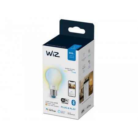 Bec LED inteligent WiZ Connected Whites A60, Wi-Fi, E27, 7W (60W), 806 lm, lumina alba (2700-6500K), compatibil Google Assistant